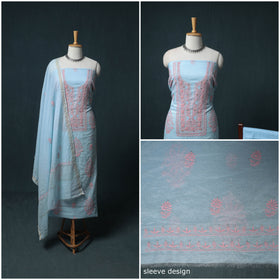Lucknowi Chikankari Mukaish Work Mul Chanderi Unstitched Dress Material: Kurta, Bottom & Dupatta 01