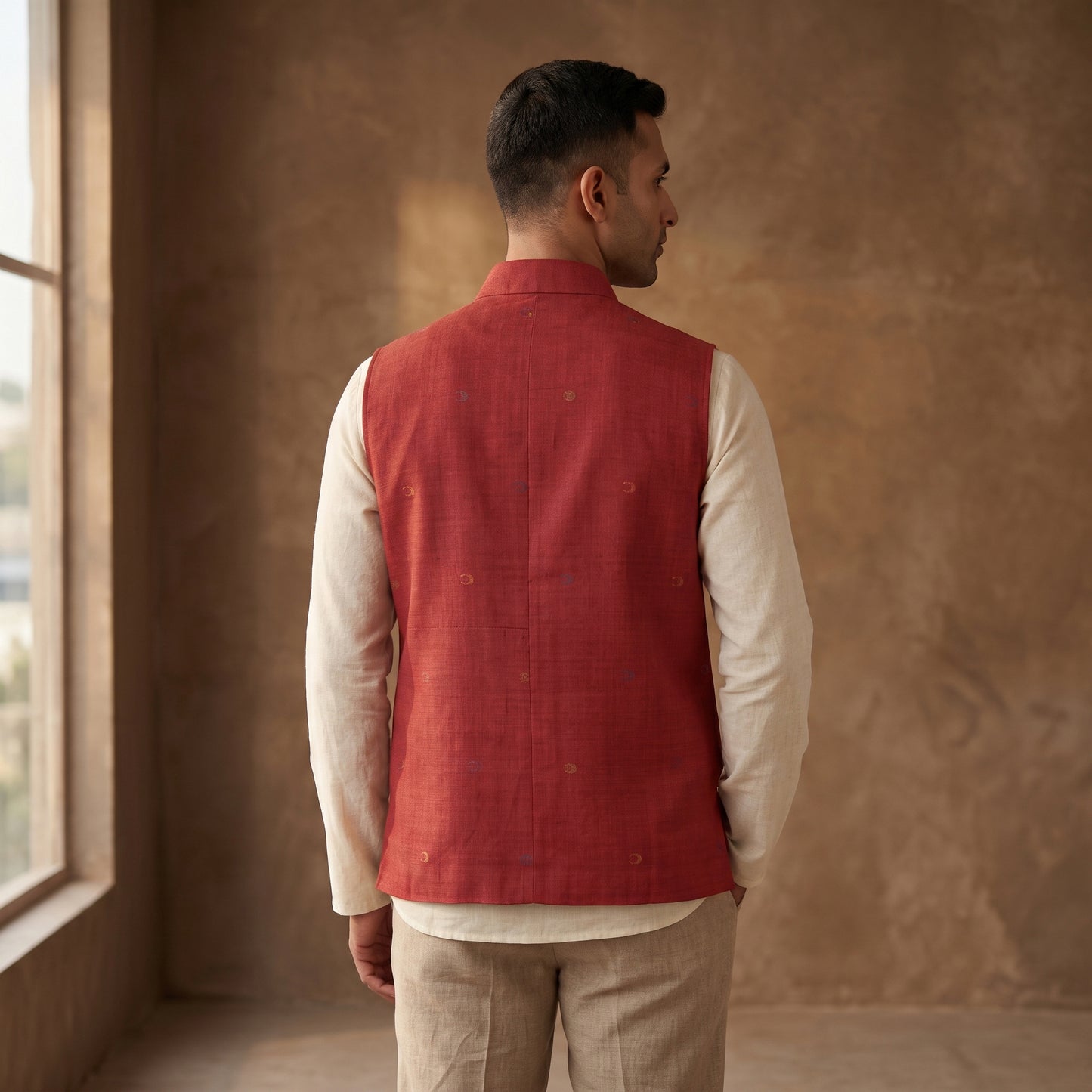 Handwoven Cotton Nehru Jacket for Men in Jamdani Buti of Srikakulam 05
