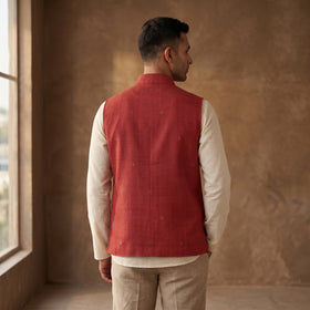Handwoven Cotton Nehru Jacket for Men in Jamdani Buti of Srikakulam 05