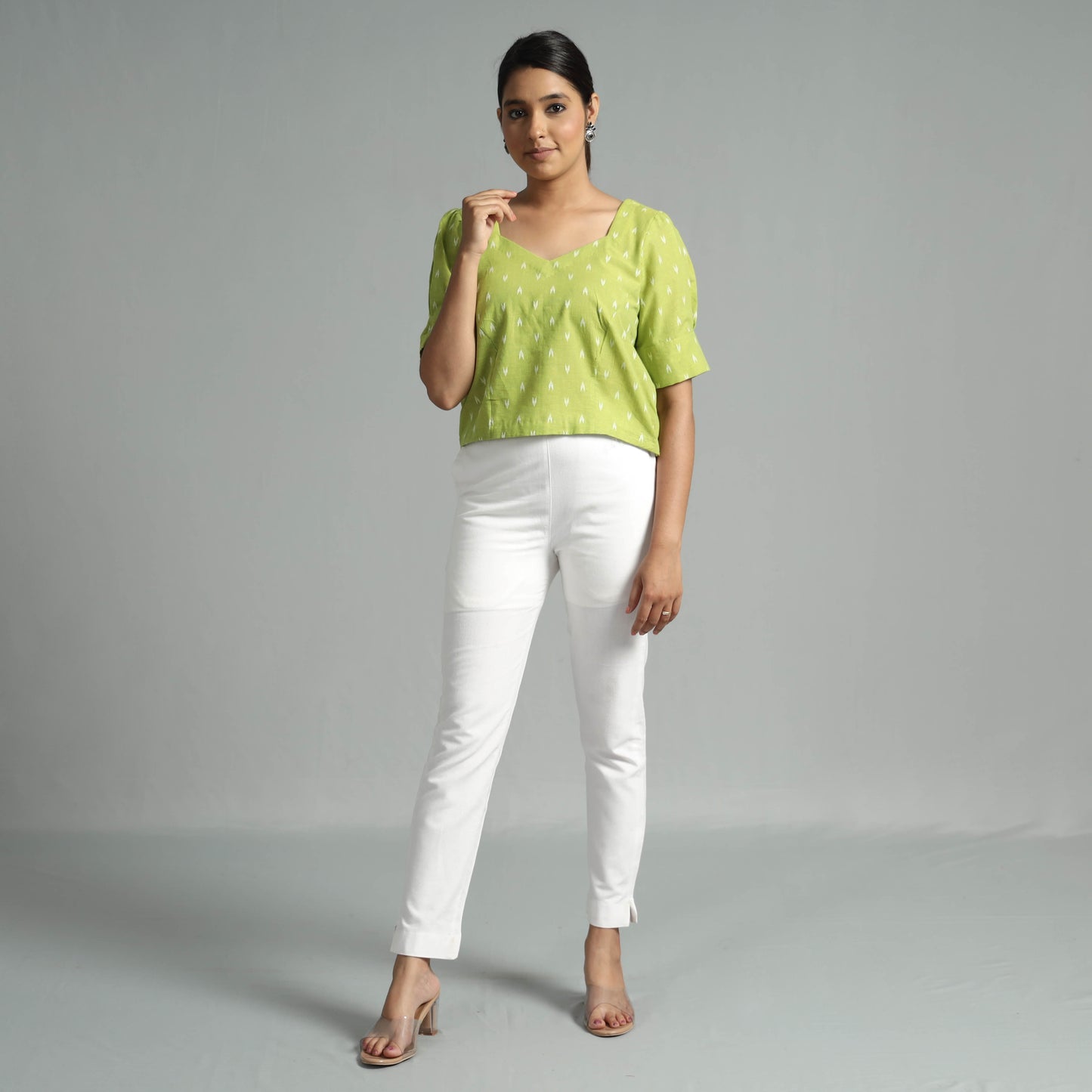 Light Green Jacquard Half Sleeve Cotton Crop Top