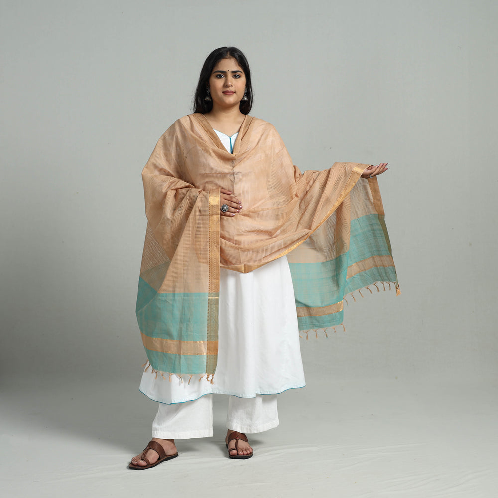 Brown - Handloom Cotton Nizam Zari Border Mangalagiri Dupatta 02