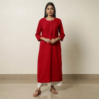 Maroon - Plain Cotton Pintuck Long Kurta 21