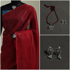 Red - Nazaakat Kota Doria Cotton Plain Saree with Blouse & Jewellery Set 164