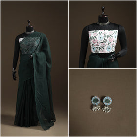Green - Nazaakat Kota Doria Cotton Plain Saree with Blouse Piece & Earrings 21