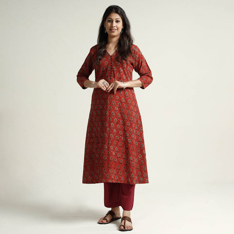 Red - Ajrakh Block Printed Cotton Kurta with Palazzo Set