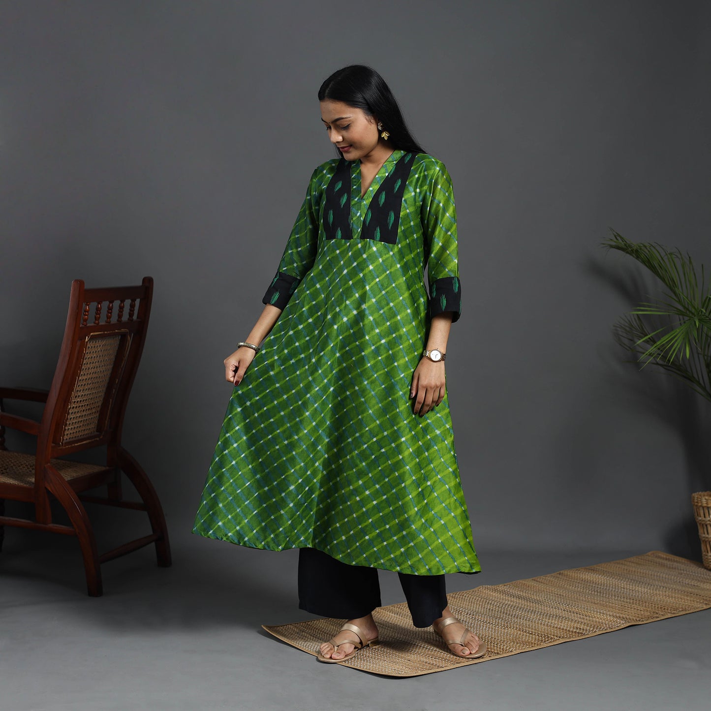 Chanderi Silk A-Line Patchwork Tie-Dye Leheriya Kurta 01