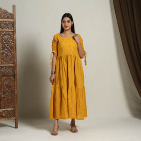 Buy Tiered Fit & Flare Cotton Yellow Jacquard Dress Online
