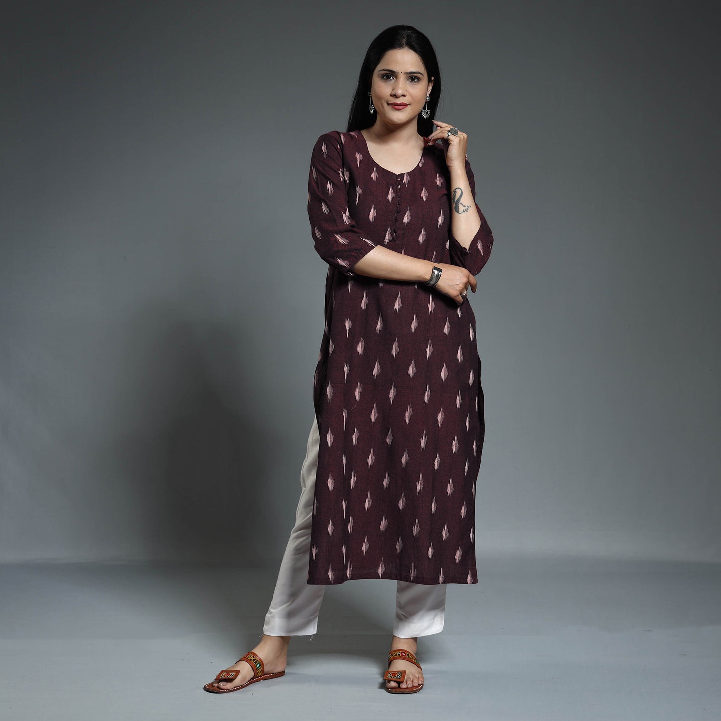 Maroon - Pochampally Ikat Weave Cotton Long Straight Kurta