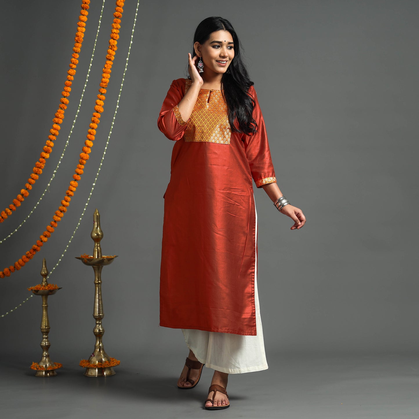 Dark Orange - Plain Tussar Silk Handloom Banarasi Patchwork Straight Kurta