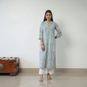 Buy Grey Straight Cotton Sanganeri Print Kurta for Women