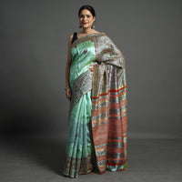 Green - Traditional Madhubani Handpainted Tussar Ghicha Silk Saree 03