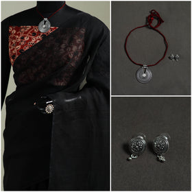 Black - Nazaakat Kota Doria Cotton Plain Saree with Blouse & Jewellery Set 02