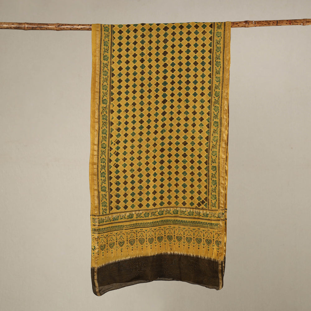 Yellow - Handloom Chanderi Silk Block Printed Ajrakh Stole 02