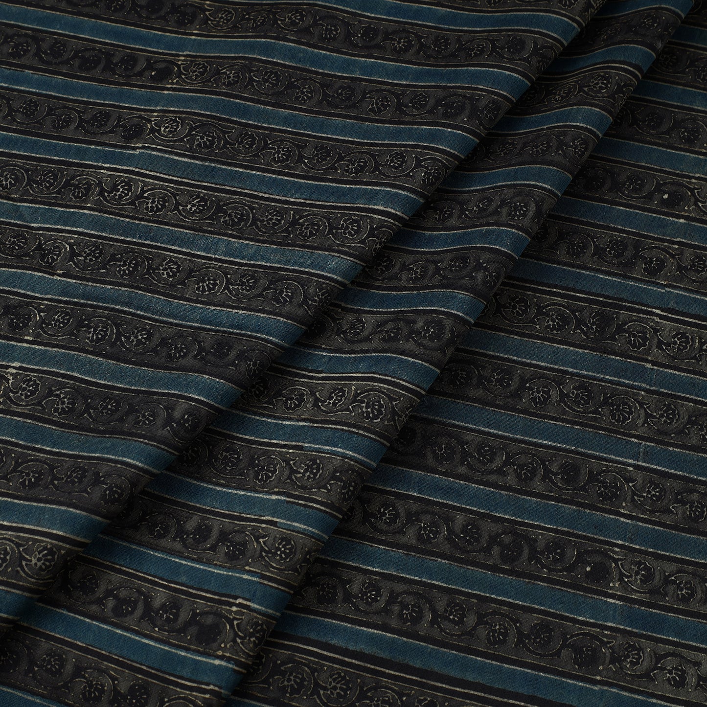 Black - Ajrakh Block Printed Natural Dyed Chanderi Silk Fabric 12