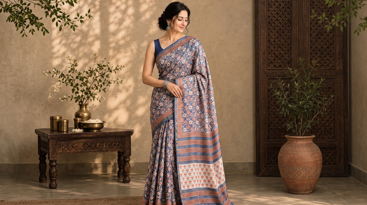 Traditional Floral Hand Block Print Mulberry Silk Sarees of Sanganer