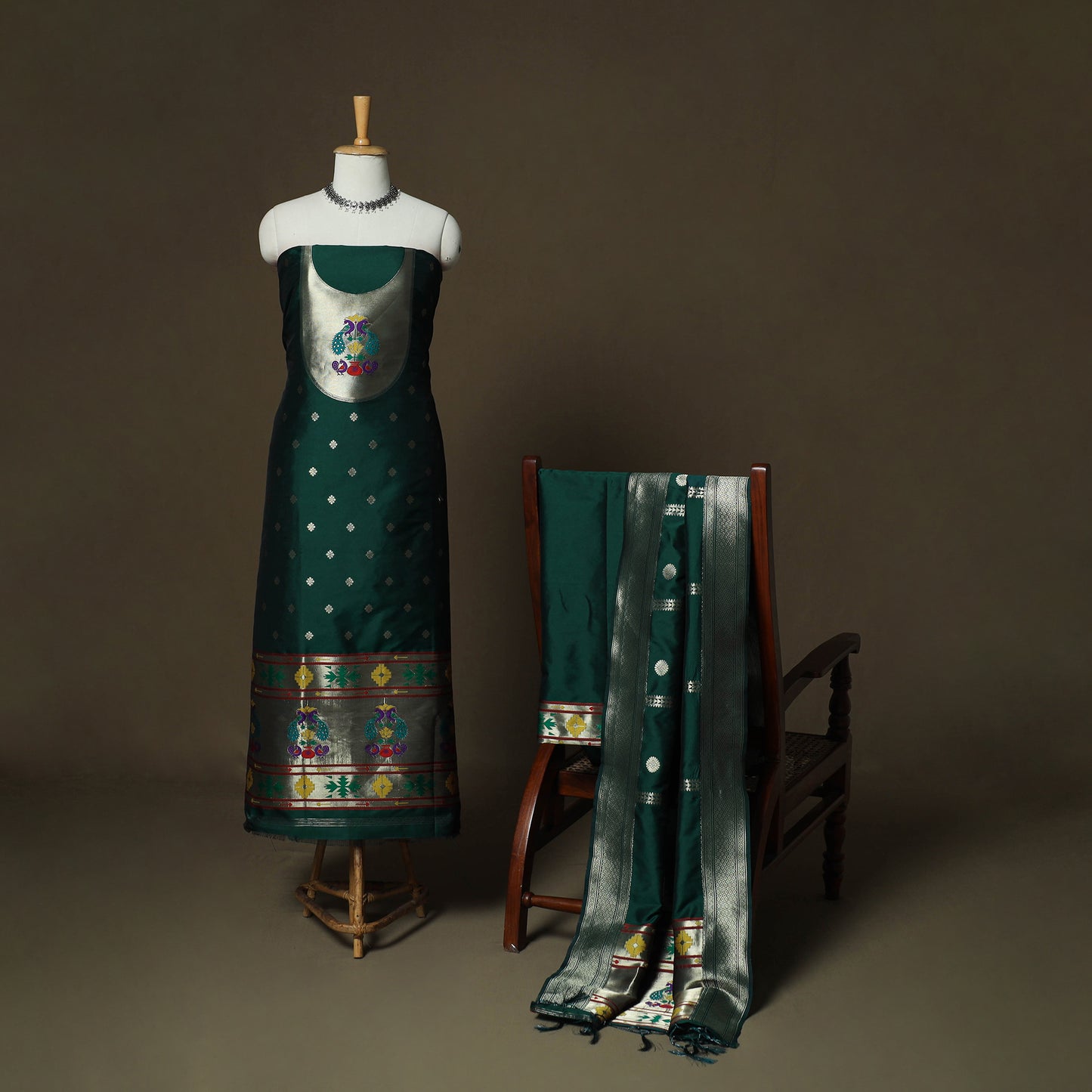 Green - Bangalore Silk Paithani Weave 3pc Unstitched Dress Material Suit Set 01