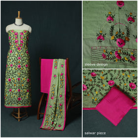 Green - Hand Embroidered Chanderi Silk 3pc Unstitched Dress Material 32