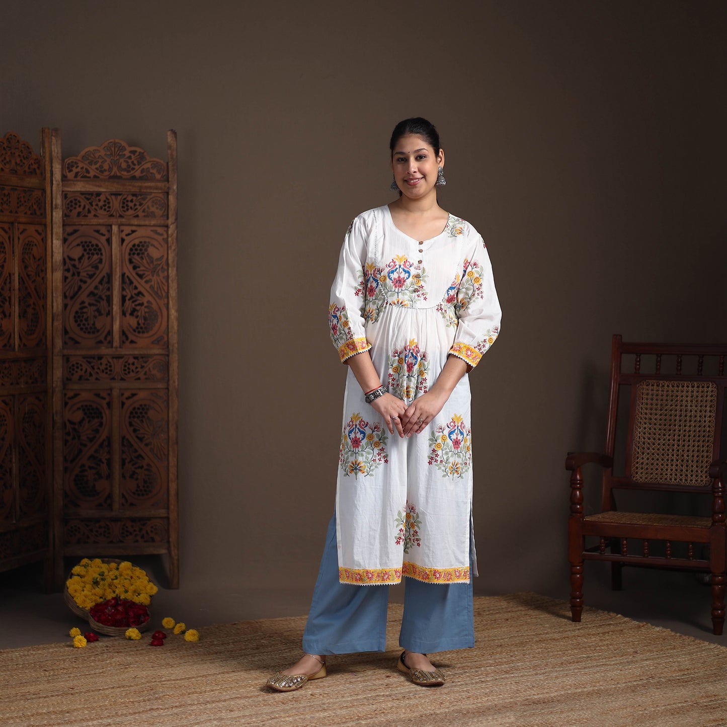 Gota Work Floral Sanganeri Block Print Cotton Straight Long Kurta for Women 07