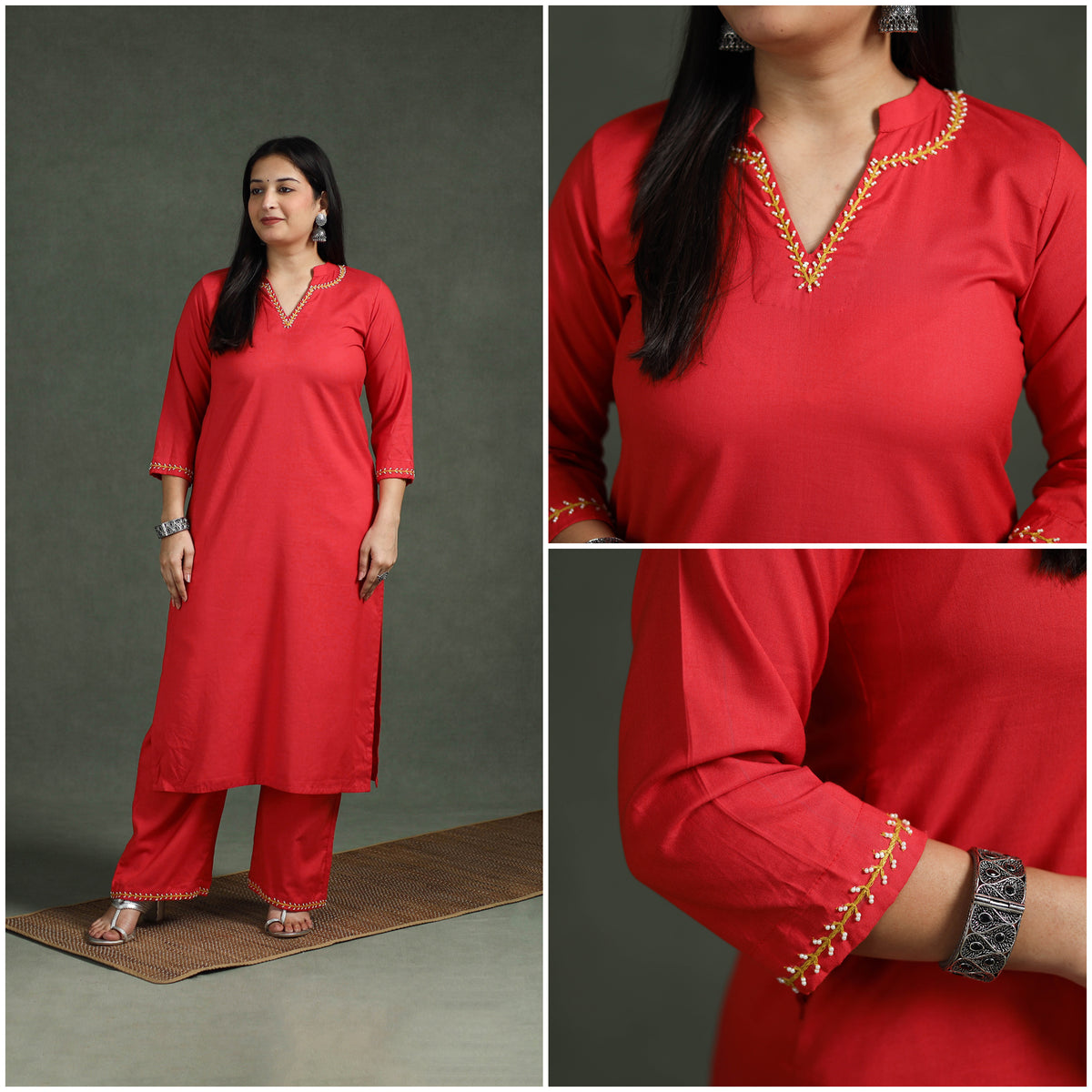 Plain Banana Fiber Soft Cotton Bead Work Straight Kurta with Palazzo Set for women 03
