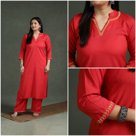 Plain Banana Fiber Soft Cotton Bead Work Straight Kurta with Palazzo Set for women 03
