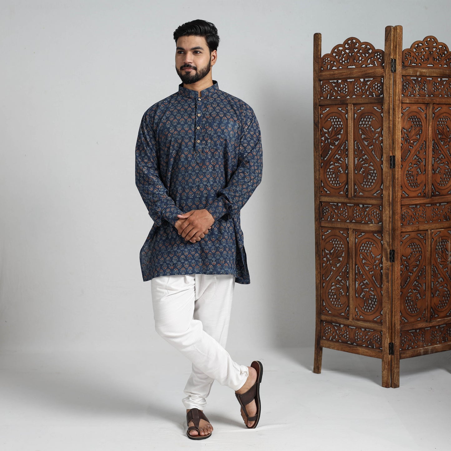 Ajrakh Block Printed Cotton Men Short Kurta 04