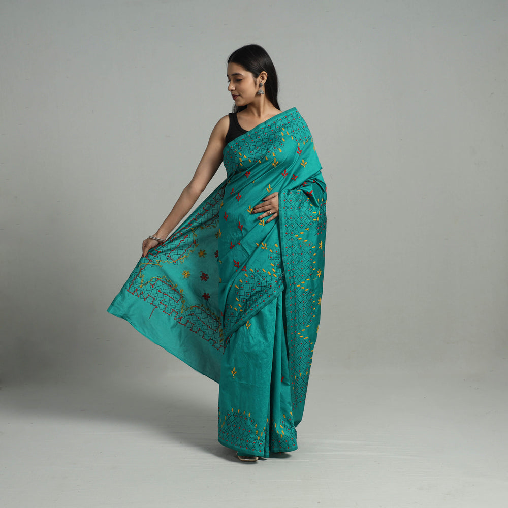 Green - Handcrafted Bengal Nakshi Kantha Work Silk Saree 21