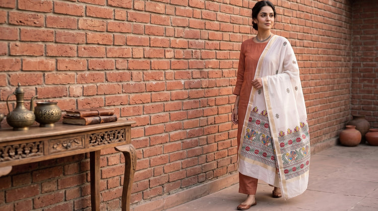 Handloom Chanderi Silk Handpainted Madhubani Dupattas by Hira Devi