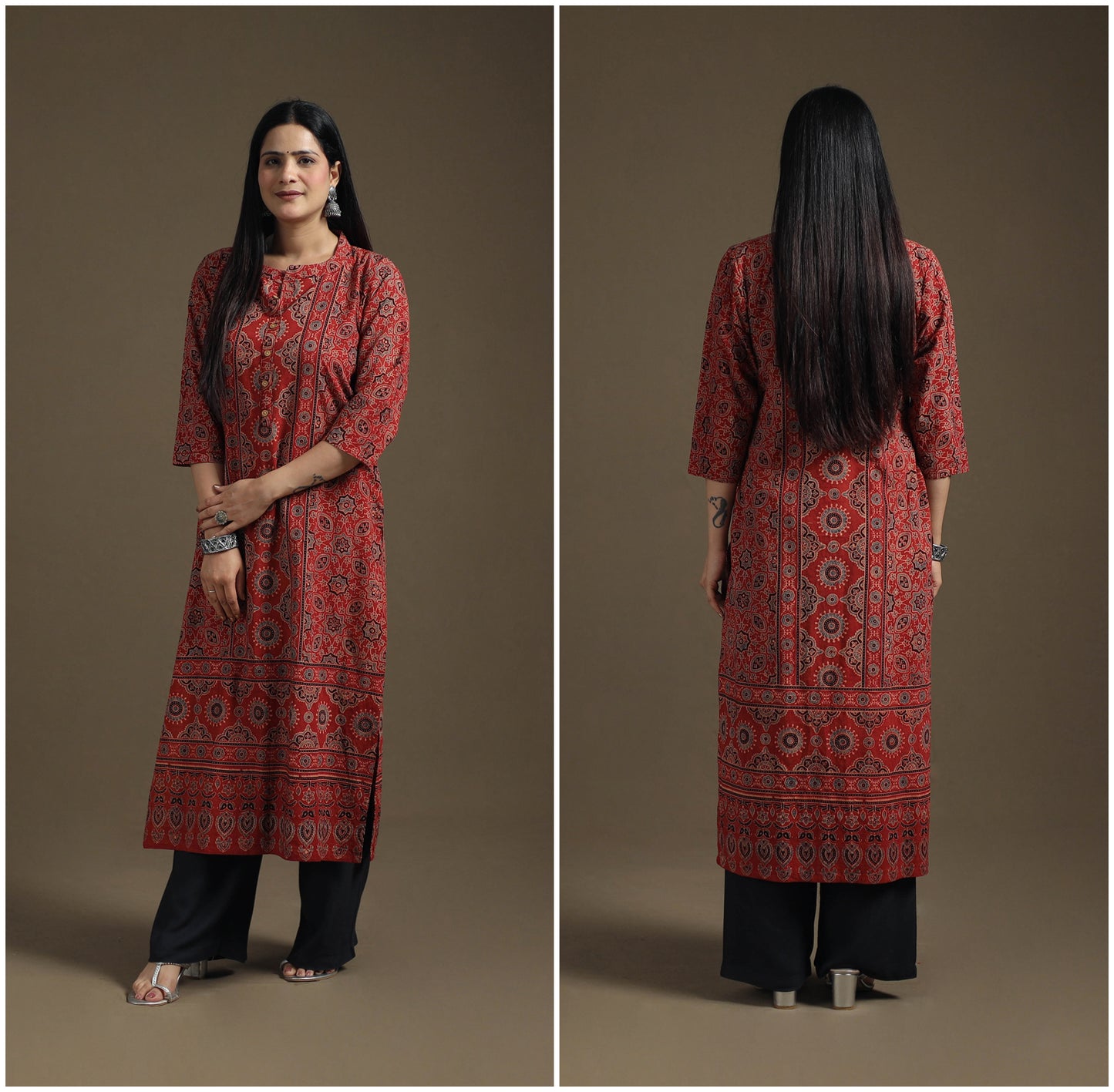 Hand Block Print Cotton Straight Long Ajrakh Kurta for Women 06