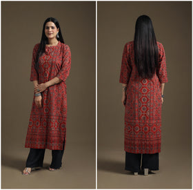 Hand Block Print Cotton Straight Long Ajrakh Kurta for Women 06
