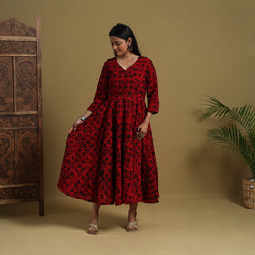 Buy Red Flared Cotton Batik Print Dress Online 