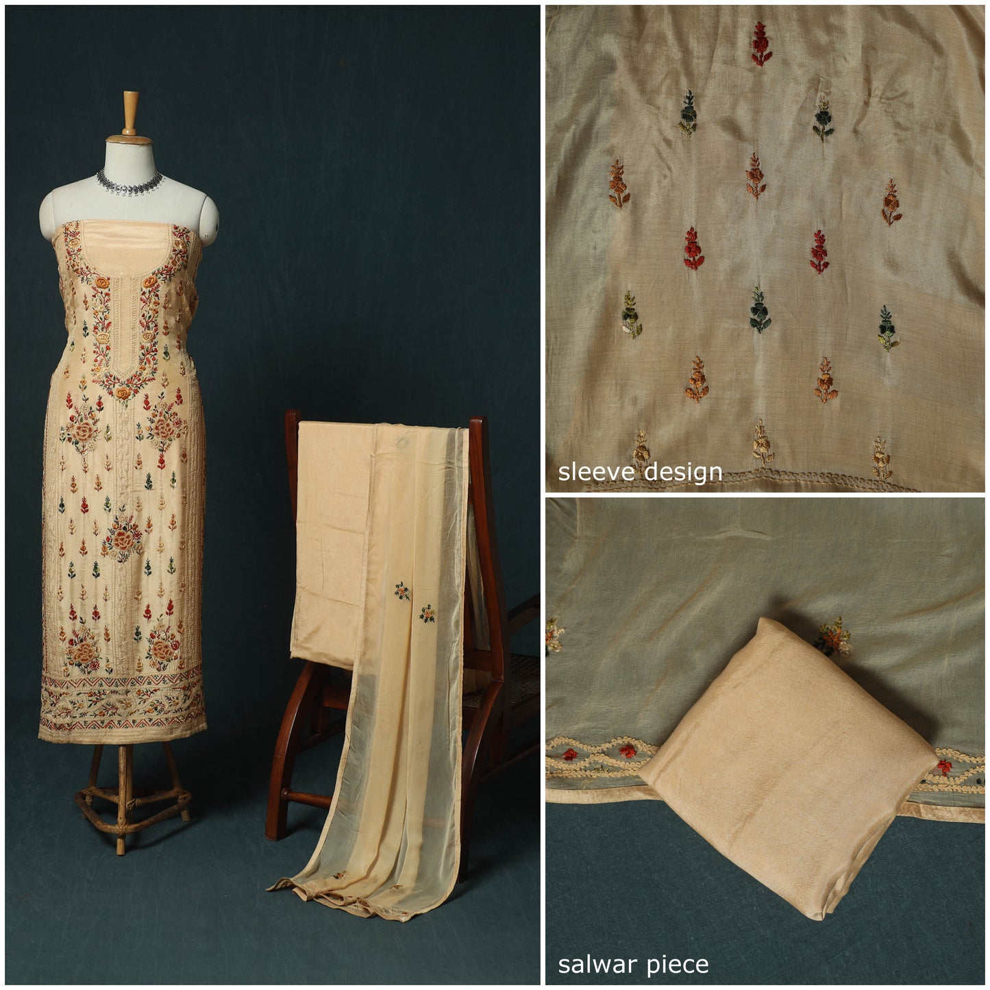 Beige Hand Embroidered Muslin 3pc Unstitched Dress Material 01