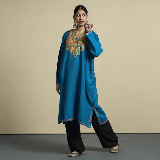 Blue - Aari Embroidery Kashmiri Merino Wool Pheran