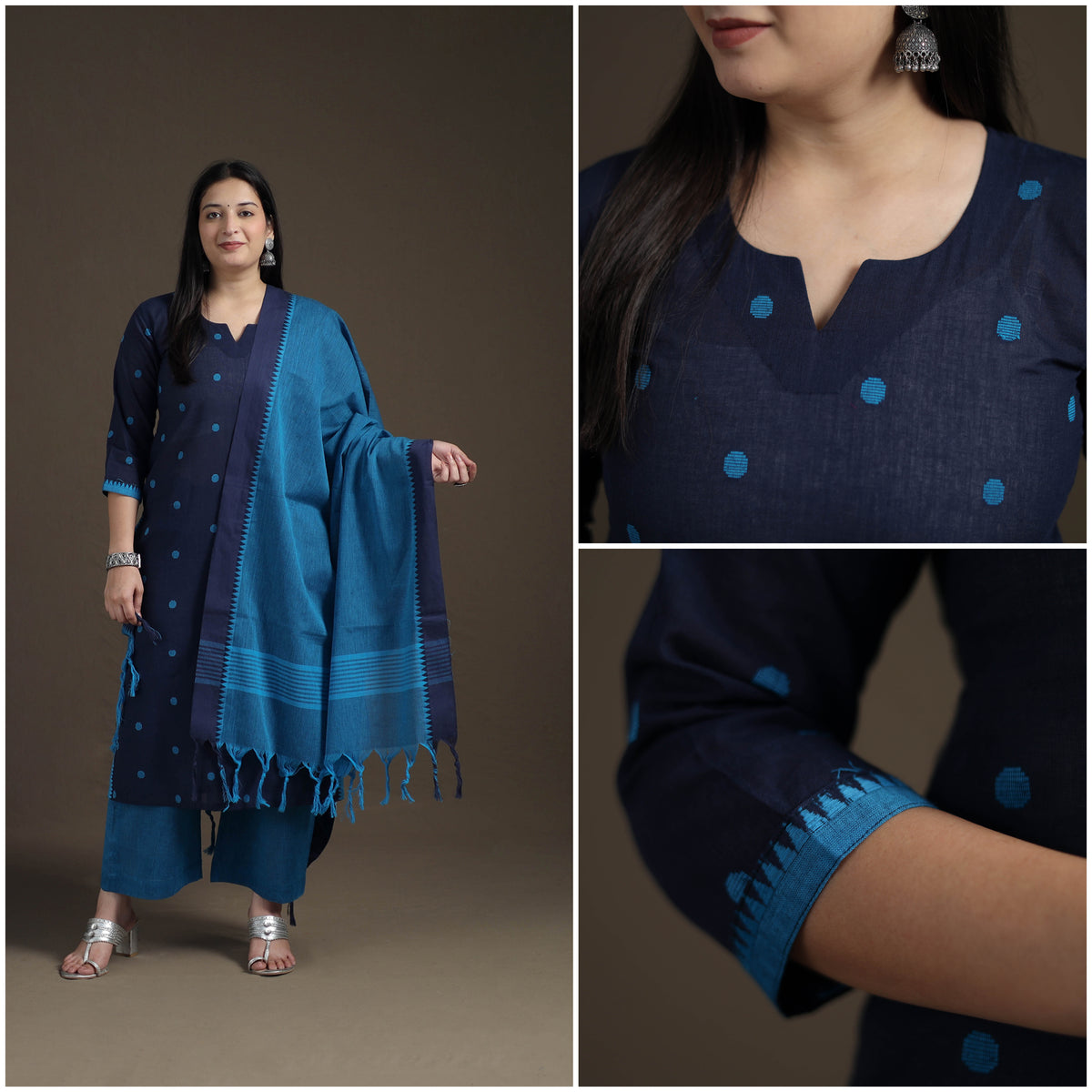 Jacquard Woven Cotton Straight Kurta with Palazzo & Dupatta Suit Set for Women 08