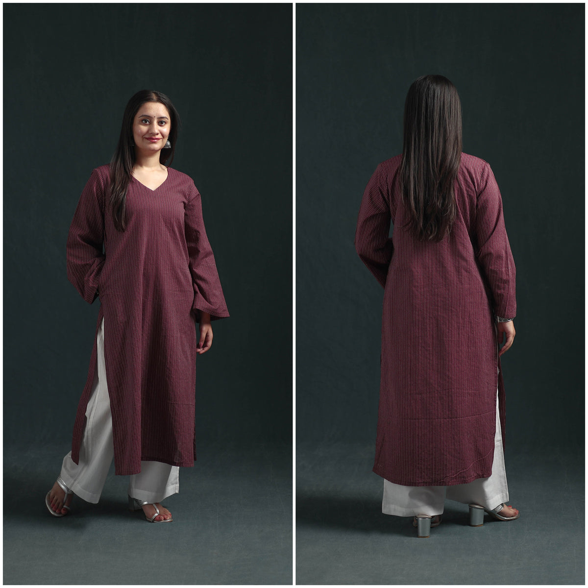 Plain Running Stitch Cotton Straight Long Kurta for women 06