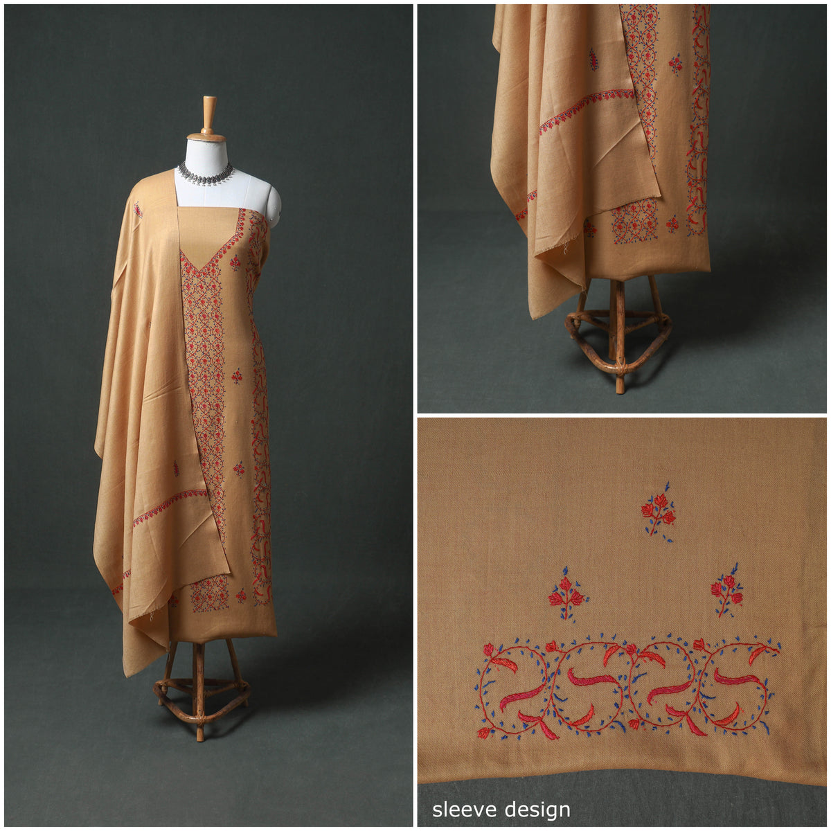 Kashmiri Sozni Hand Embroidered Pure Merino Wool Unstitched Dress Material: Kurta, Bottom with Dupatta 01