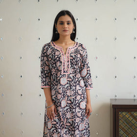 Black Block Printed Cotton Gota Work Long Sanganeri Kurta