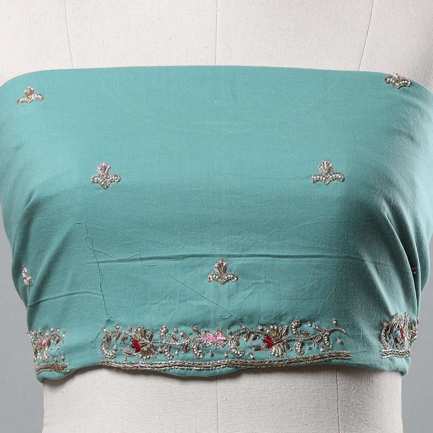 Green - Zardozi Hand Embroidery Cotton Plain Blouse Piece 04