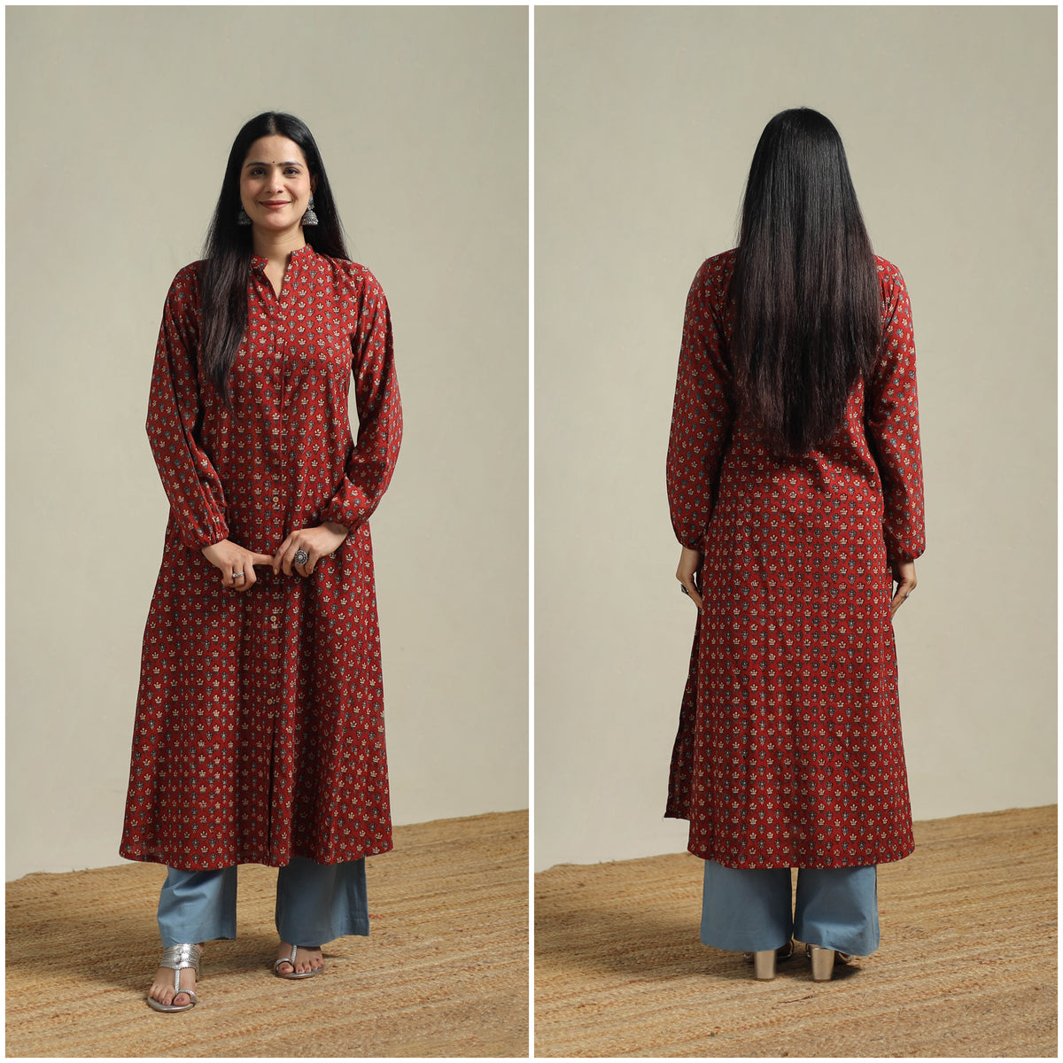 Ajrakh Hand Block Print Natural Dyed Cotton Button Down A-Line Long Kurta for women 03