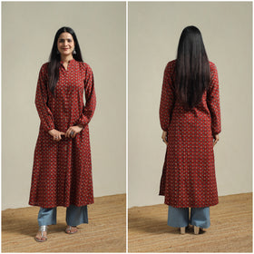 Ajrakh Hand Block Print Natural Dyed Cotton Button Down A-Line Long Kurta for women 03