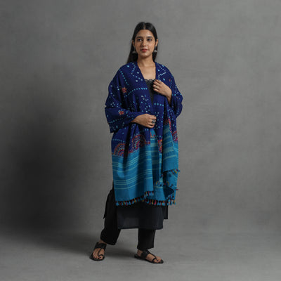 Blue - Handwoven Merino Wool Bandhani Shawl w/ Neran Embroidery 28