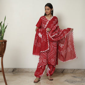 Red - Bandhani Tie-Dye Cotton Kurta with Afghani Salwar & Dupatta Set 01