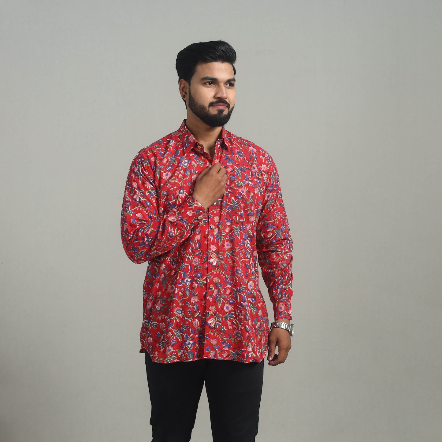 Red - Full Sleeve Cotton Men Sanganeri Print Shirt 05