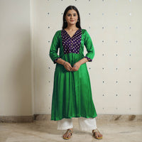 Green - Plain Modal Silk A-Line Kurta with Bandhani Patchwork 07