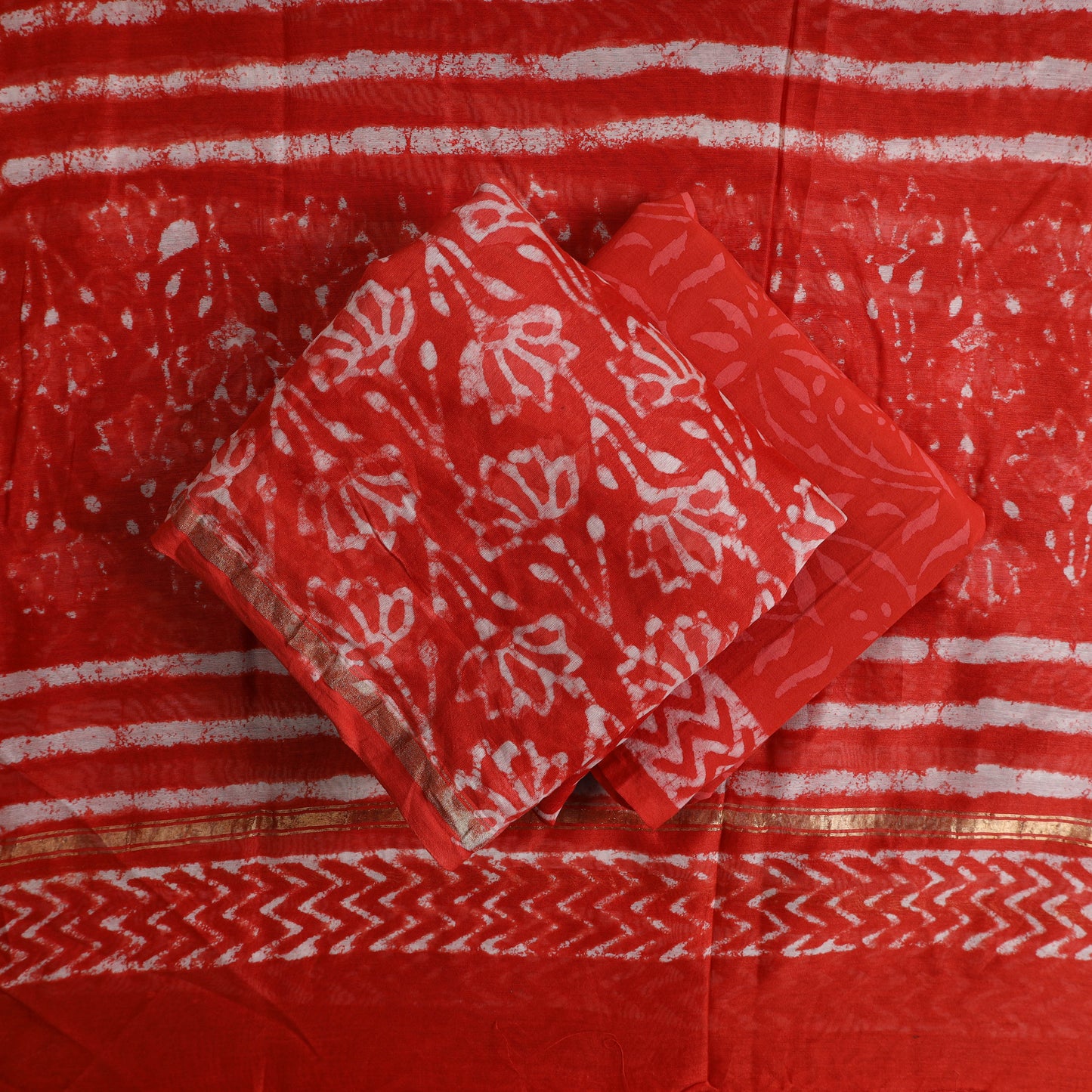 Red - 3pc Chanderi Silk Bagru Print Dress Material 02