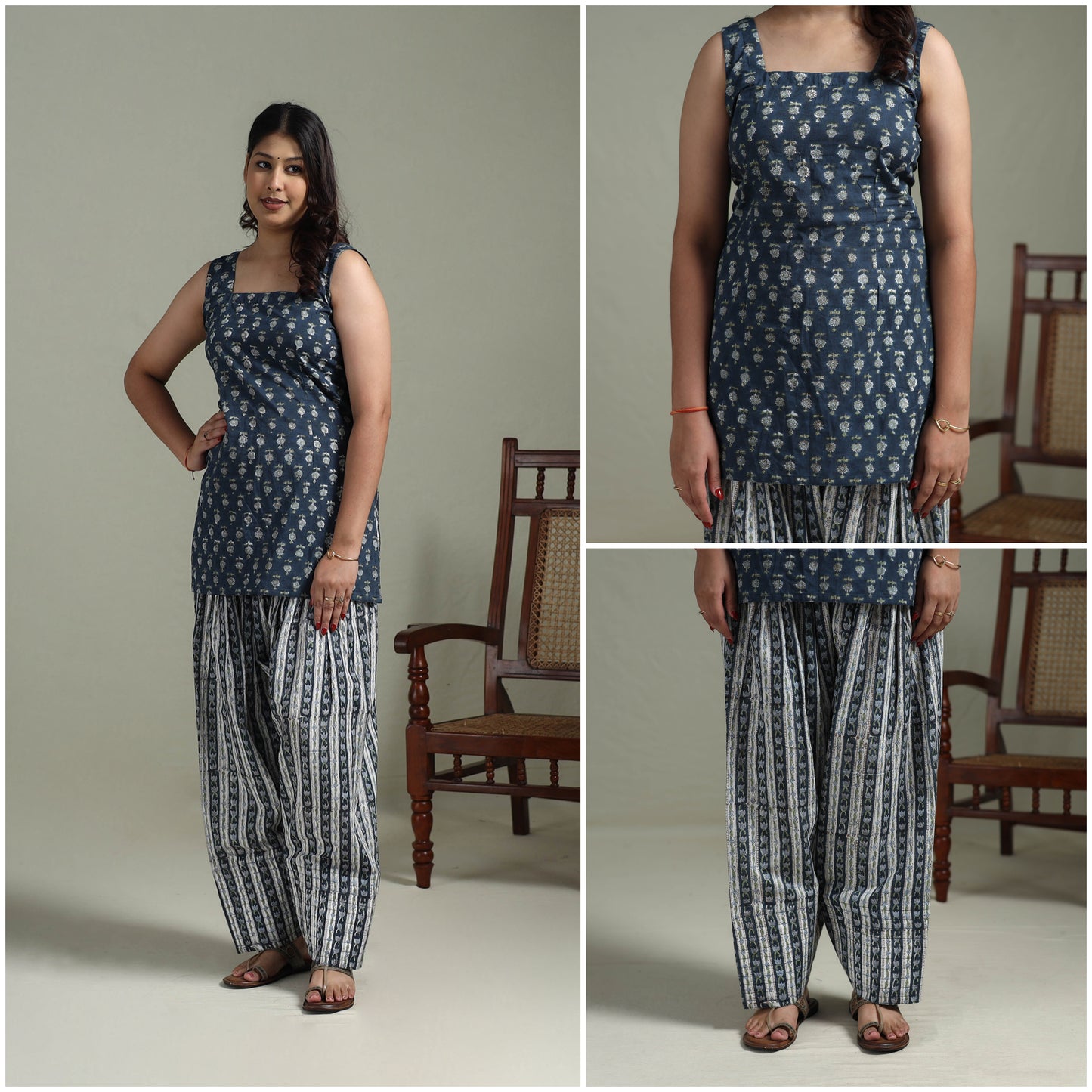 Sanganeri Hand Block Print Cotton Short Kurta with Farshi Salwar Set for women 10