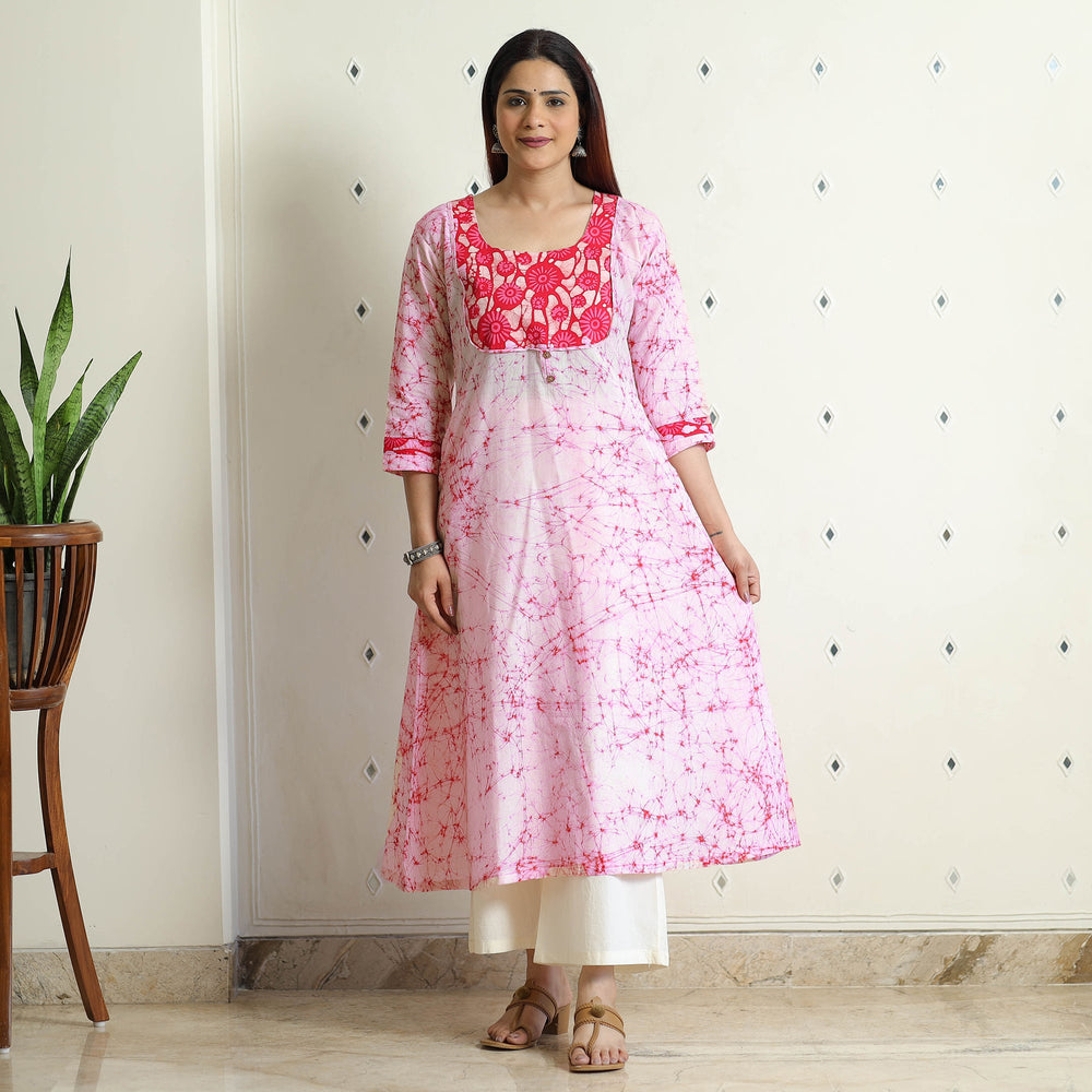 Pink - Kutch Batik Printed Cotton A-Line Kurta