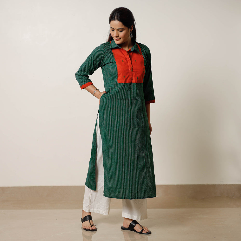 Green - Running Stitch Cotton Straight Kurta with Jacquard Patchwork 04