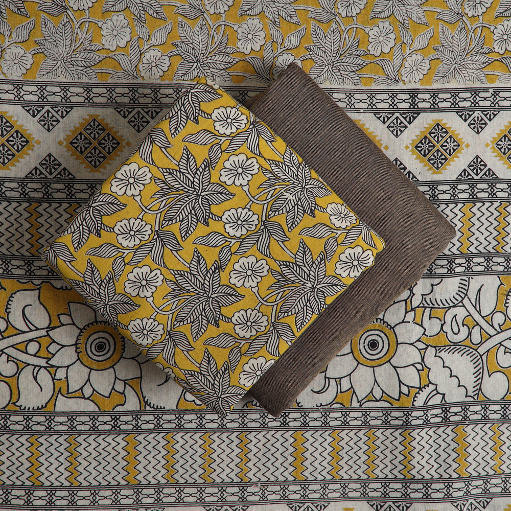 Yellow - 3pc Kalamkari Print Cotton Dress Material 01