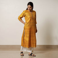 Yellow - Bhagalpuri Handwoven Desi Tussar Silk Long Straight Kurta