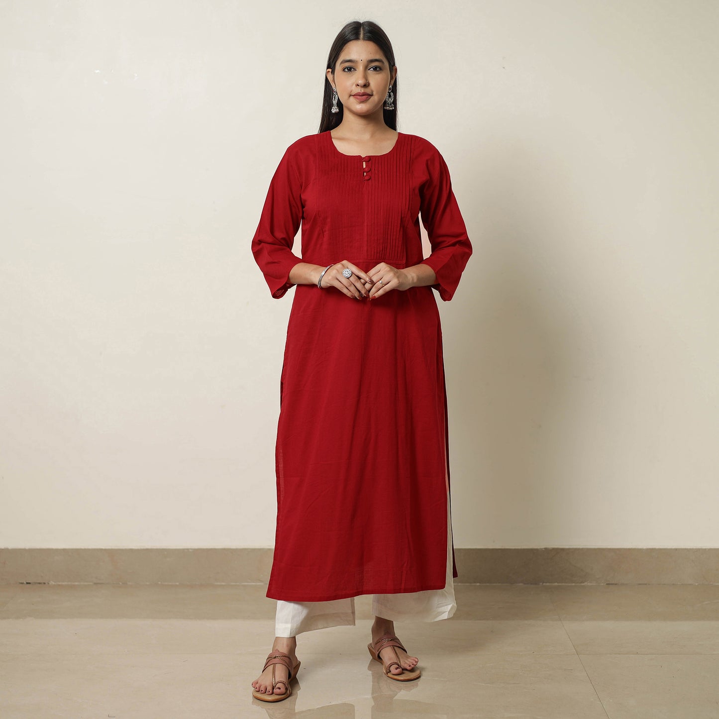 Maroon - Plain Cotton Pintuck Long Kurta 27